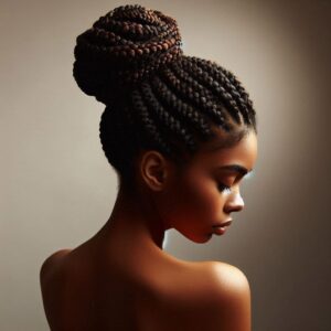 short natural hair styled in a braided bun