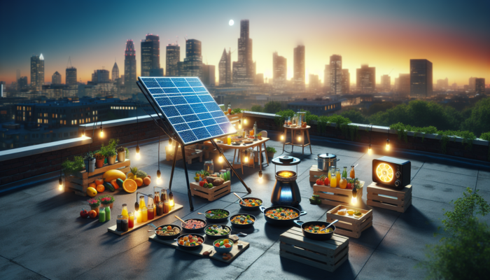 Solar cooking setup on city rooftop, blackout; diverse no-cook meals on display, vibrant.