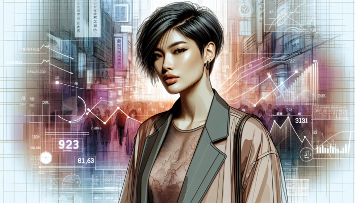 A stylish woman with a chic, short haircut in 2023, set against an urban backdrop.