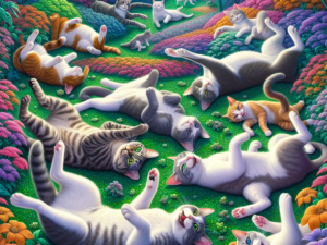 Cats joyfully frolicking in a vibrant garden filled with flourishing catnip plants.