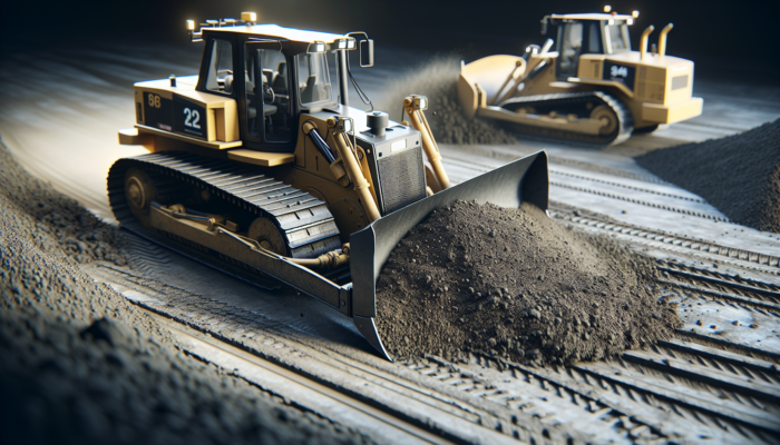 Bulldozer with straight blade grading flat surface and U-blade moving loose dirt on construction site.