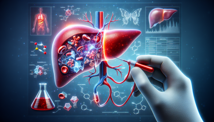 Liver Blood Test in Birmingham: A medical illustration of a liver blood test, showing liver metabolic processes and highlighted enzymes in the bloodstream.