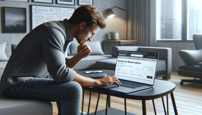 Individual reviewing rental car reservation on laptop in a contemporary home office, ensuring accuracy and confidence.