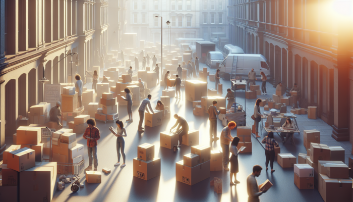 People organizing and clearing a cluttered house in Glasgow with boxes and labels in morning light.