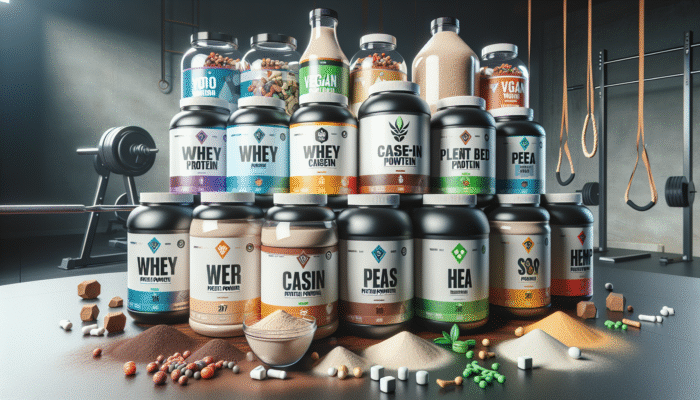 A variety of protein powders displayed on a table: including whey, casein, and plant-based options, alongside gym equipment and vegan symbols.