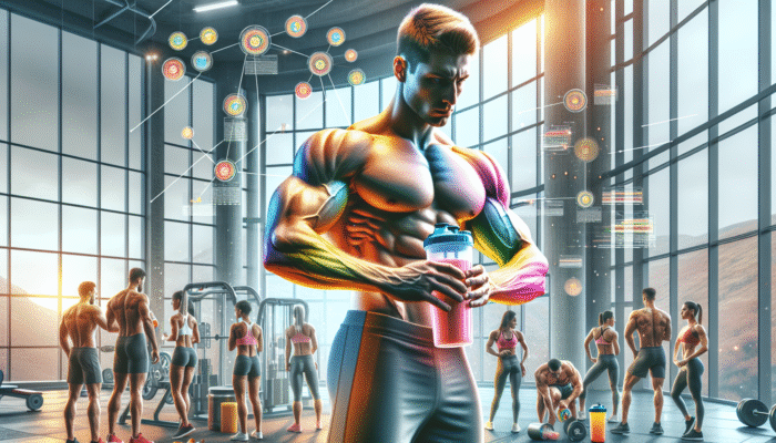 Athletes in a modern gym enjoying colorful protein shakes, illustrating muscle growth and recovery after workouts.