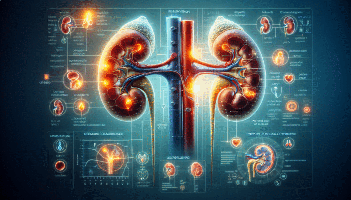 Diagram of kidneys indicating health metrics such as GFR, creatinine levels, urine protein, and symptoms like fatigue, leg swelling, and altered urination.