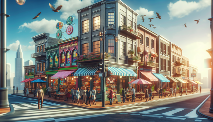 A lively city street with a Google My Business sign showcasing various local businesses engaging with customers.