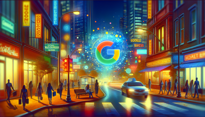A city street featuring a Google Business sign, local businesses, and visual representations of SEO enhancement.