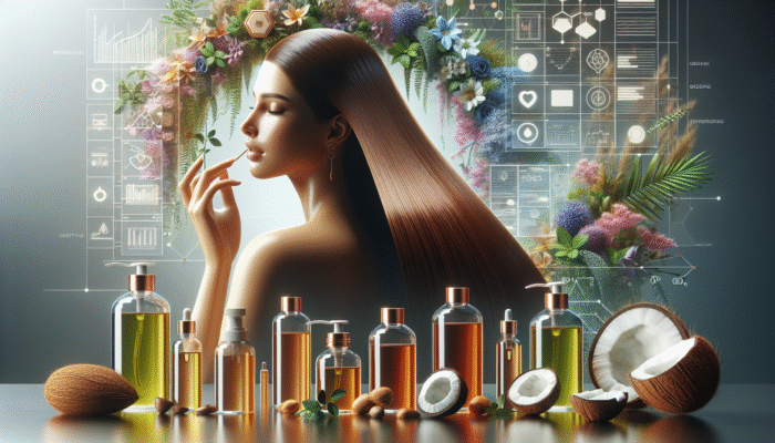 Woman Applying Argan Oil to Hair Ends Surrounded by Natural Oils