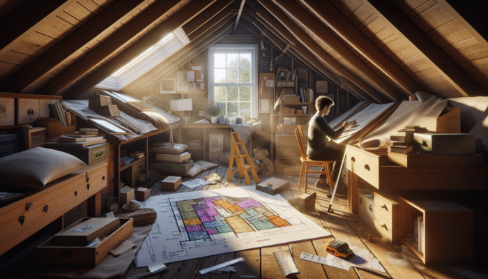 Detailed attic assessment in a UK home: measuring, cataloguing items, optimizing space, blueprint, natural light.