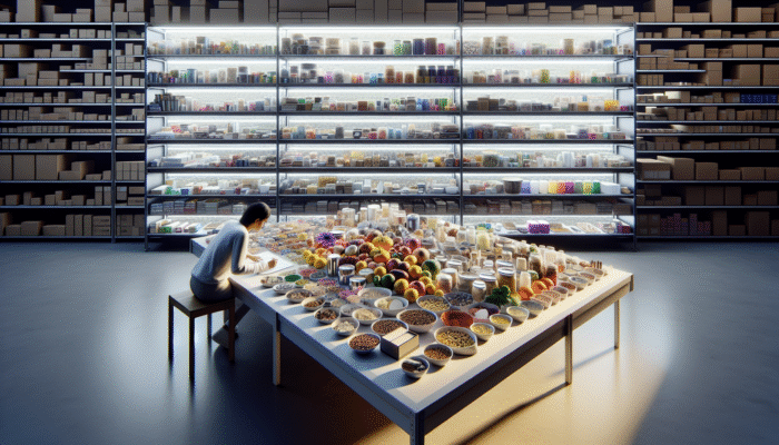 A person categorising diverse items into labelled groups on a table, with neatly sorted shelves surrounding.