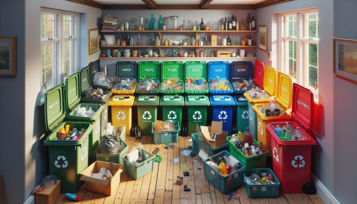 Sorting station featuring labeled bins for paper, plastic, glass, and electronics in a UK house clearance, promoting recycling compliance.