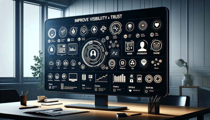 A detailed business profile displayed on a digital screen featuring icons for name, address, phone, website, hours, and services.