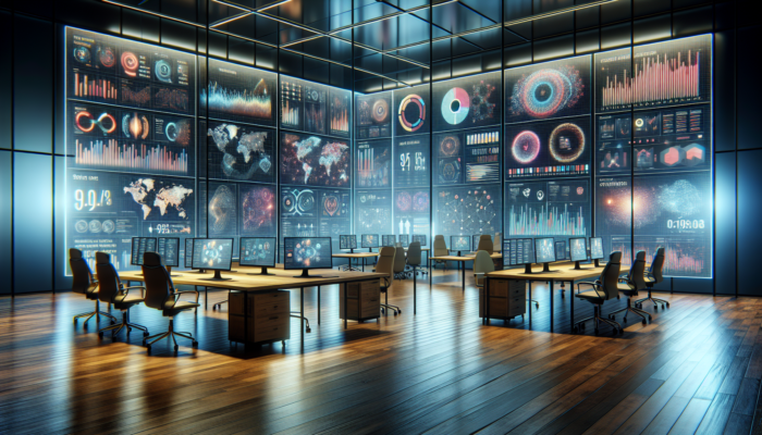 Modern office featuring screens displaying real-time analytics from Google Analytics and Search Console.