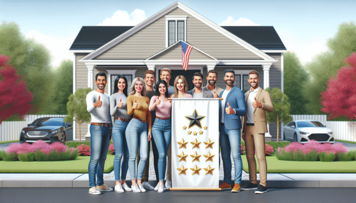 Satisfied homeowners showcasing thumbs-up in front of their home, featuring a banner displaying top-rated home service logo and reviews.