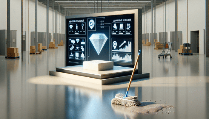 Advanced industrial diamond tools and low-moisture scrubbers carefully treating stone surfaces, resulting in a lasting shine, compared to a conventional supermarket mop.