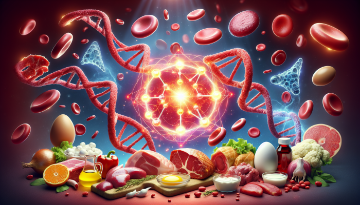 A collage of meat, fish, eggs, and dairy around a cobalamin molecule, featuring red blood cells and DNA.