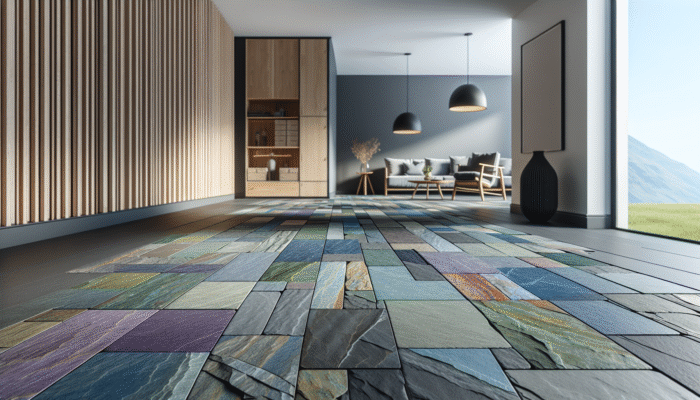 Slate Floor Care: Welsh slate flooring in a contemporary UK home, showcasing a spectrum of deep blues, purples, greens, and greys.