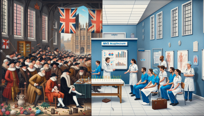 A historical depiction of acupuncture in the UK, showcasing a 17th-century scene with observers at an acupuncture demonstration, juxtaposed with a contemporary NHS clinic in London utilizing acupuncture for chronic pain relief.