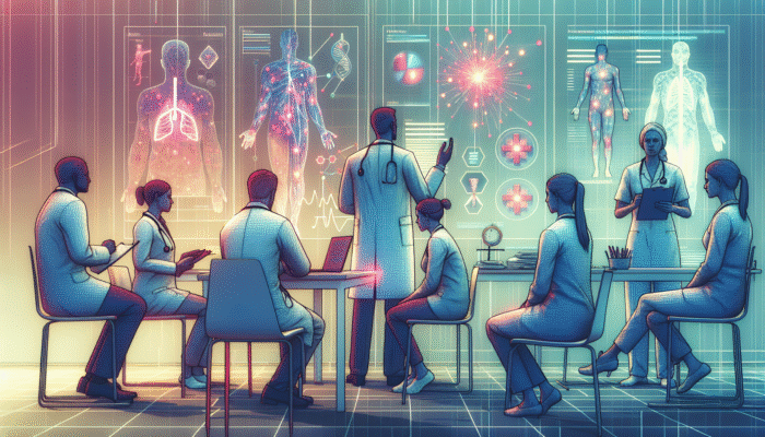 A healthcare setting in the UK where doctors and patients are engaged in discussions about fibromyalgia, surrounded by medical charts that depict pain and relief.