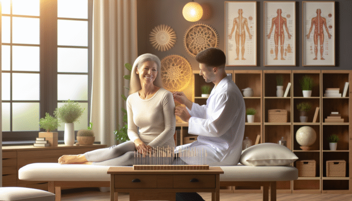 A peaceful acupuncture session in a UK clinic, featuring a patient smiling as they experience reduced fibromyalgia pain.