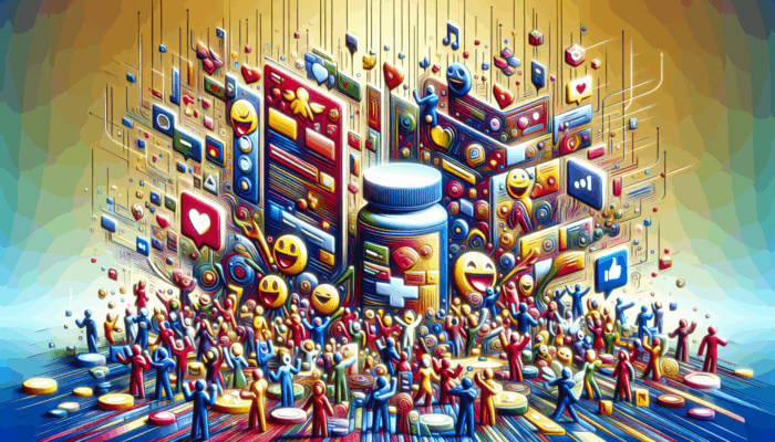 Utilizing Humour in Supplement Social Media Campaigns: A vibrant social media interface showcasing humorous supplement brand posts, increasing user engagement and shares across diverse demographics.