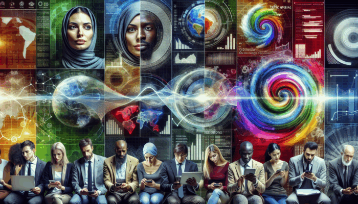Diverse group utilizing digital devices with multilingual content, analytics graphs illustrating traffic and engagement.