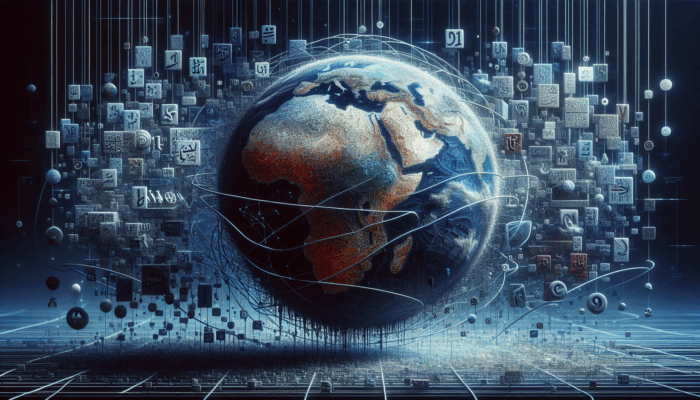 A digital globe with interconnected nodes, diverse scripts, and binary code, symbolizing technical SEO for multilingual websites.