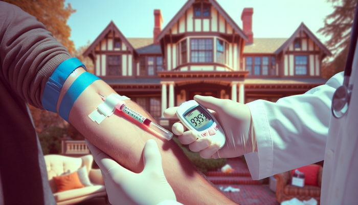 A medical professional drawing blood from a patient's arm in Brentwood clinic, with a glucose meter indicating 6.1 mmol/L.