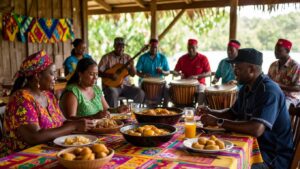 A group of individuals gather around a table filled with various Garifuna food and drinks, while musicians in vibrant attire play drums and guitars. The scene vividly captures the lively spirit of Garifuna culture in an outdoor setting adorned with colorful tablecloths.
