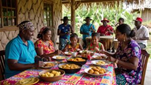 A family gathers around a colorful table outdoors in Belize, enjoying Garifuna cuisine together. In the background, musicians play drums and other instruments beneath a thatched roof, reflecting the vibrant Garifuna culture. Everyone appears relaxed and joyful.