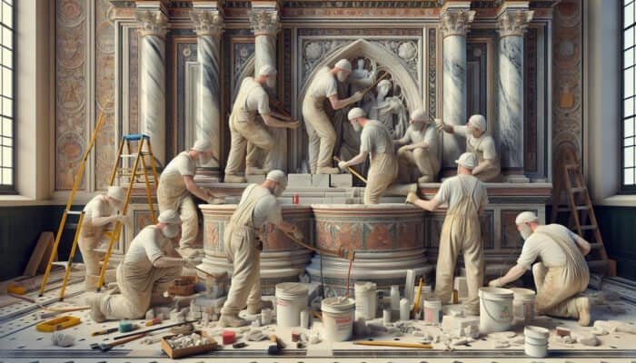 Workers employing traditional techniques to restore a historic UK building, preserving its authenticity and historical context.