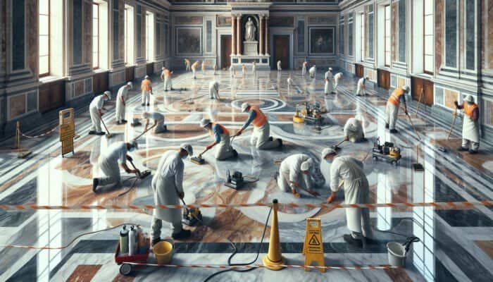 Detailed cleaning and honing of historic marble floors at Buckingham Palace, blending both traditional and modern techniques.