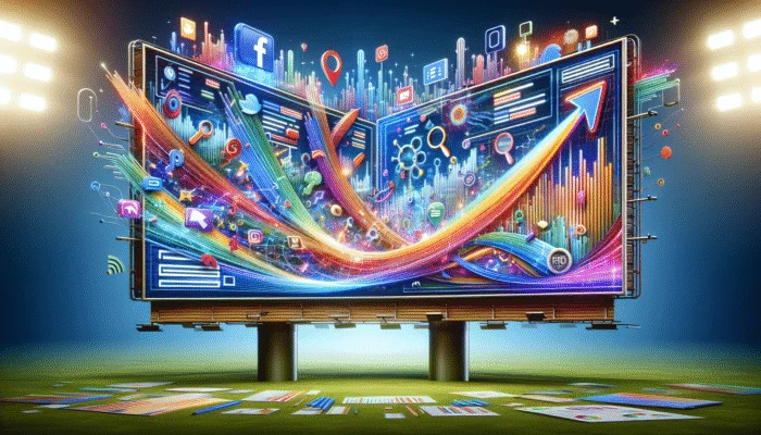 Utilising Local PPC Campaigns for Visibility: A digital billboard displaying a successful PPC campaign with graphs showing increased online visibility and engagement, surrounded by search engine and social media icons.