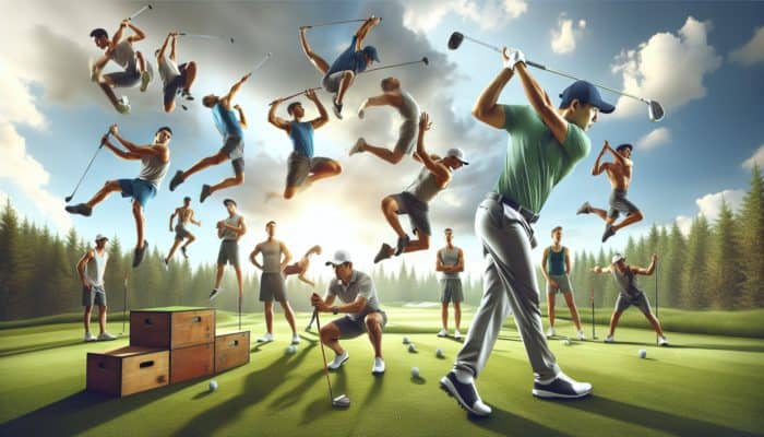 Golfer in mid-swing on a green course, surrounded by dynamic plyometric drills enhancing muscle power and speed.