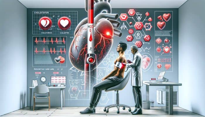 Individual undergoing a cholesterol test at a clinic, results indicate elevated levels, surrounded by information about heart health.
