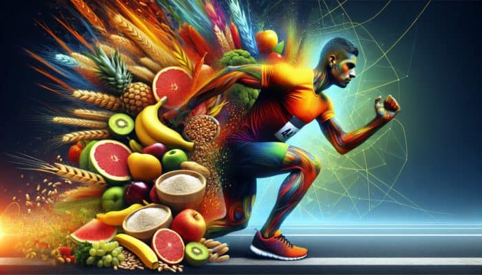 Best Supplements For Marathon Training: A runner at a marathon start, surrounded by whole grains, fruits, and vegetables, symbolizing carbohydrate loading.