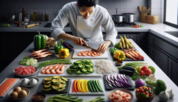 A chef meticulously prepping seafood and vegetables for tempura, showcasing clean cuts and vibrant colors.