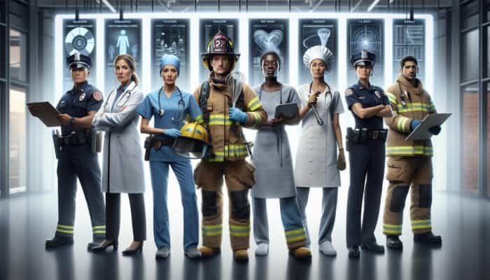 A team of diverse professionals in uniforms holding service symbols in a modern office setting with a directory sign.