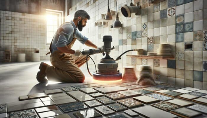 Professional polishing ceramic tiles in a well-lit room, enhancing aesthetic appeal with high-quality equipment.
