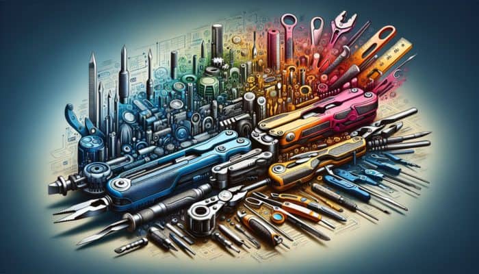 A vibrant chart comparing features of leading multi-tool brands and models against a contemporary backdrop.