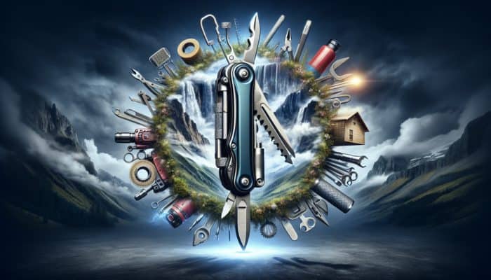 A multi-tool displayed on a digital screen alongside glowing user reviews emphasizing its durability in various contexts.