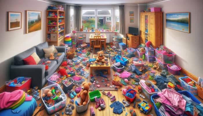 Clearing a UK Home with Kids: A UK family home's living room during a decluttering session, sorting children's items for safety and tidiness.