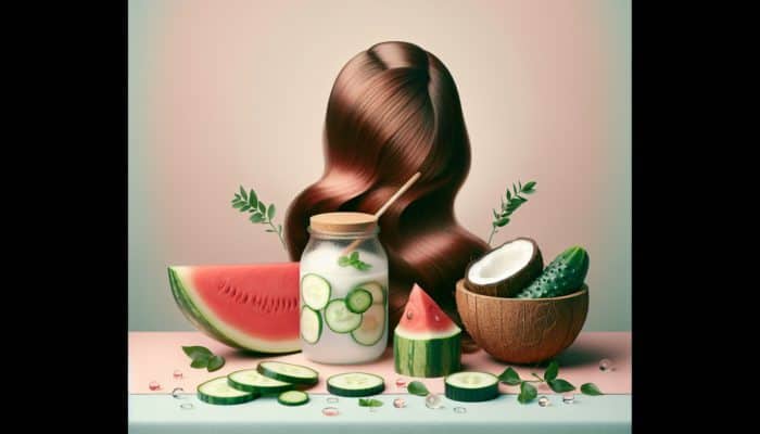 A composition featuring watermelon, cucumber, and coconut water surrounding healthy hair, set against a pastel backdrop.