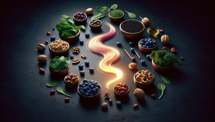 A composition featuring blueberries, nuts, and leafy greens like spinach and kale surrounding a glowing hair strand, symbolizing hair health.