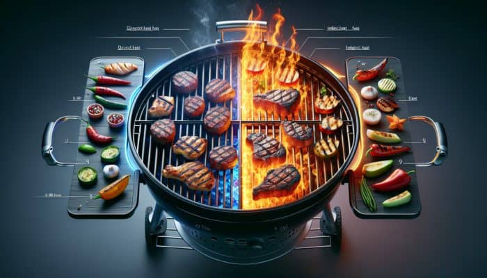 Understanding heat zones on a grill: one side searing steaks and vegetables with direct heat, and the other side cooking chicken slowly with indirect heat.