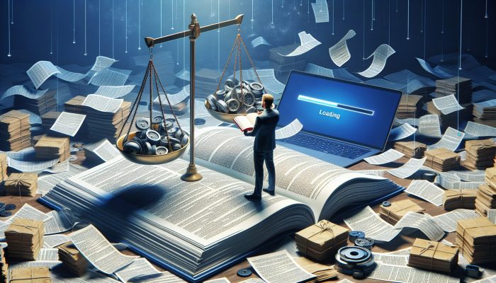 Individual at a desk with financial documents, reviewing a debt consolidation guide, with a laptop open to a loan application site.