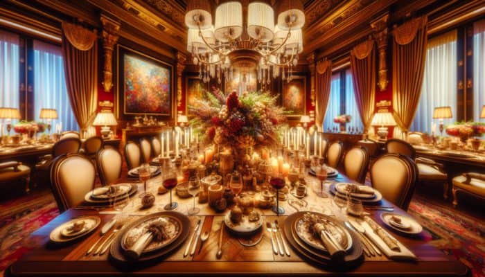 Sophisticated themed dinner table featuring an expertly crafted centerpiece, fine china, and elegant lighting in a luxurious dining space.