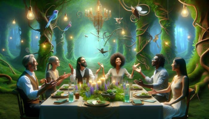 A themed dinner table set in an enchanted forest with guests engaging and enjoying the immersive environment.